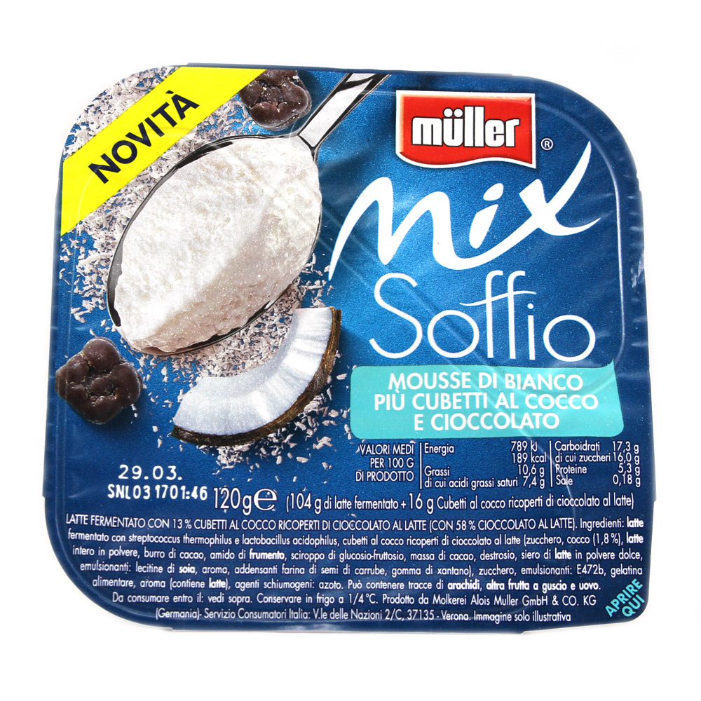 Yogurt mix Muller soffio mousse bianco con cocco e cioccolato gr.120 